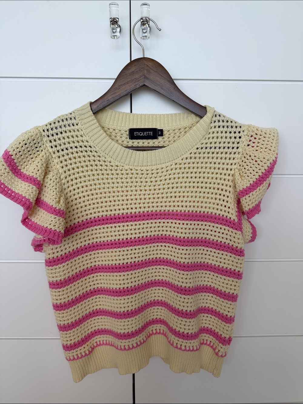 Etiquette Clothiers Cream and Pink Crochet Stripe Short Sleeve Sweater